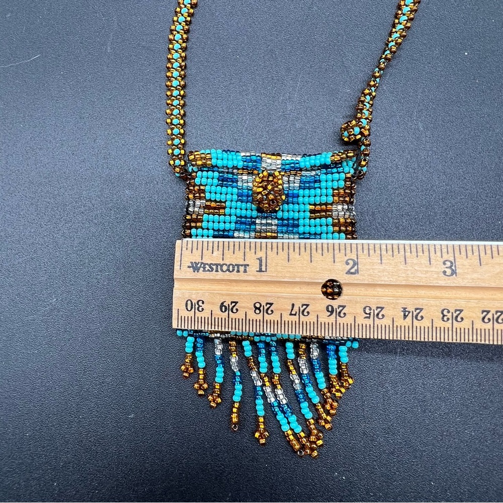 Vintage Turquoise Gold Seed Bead Peyote Amulet Pouch Necklace Fringe - Picture 7 of 8